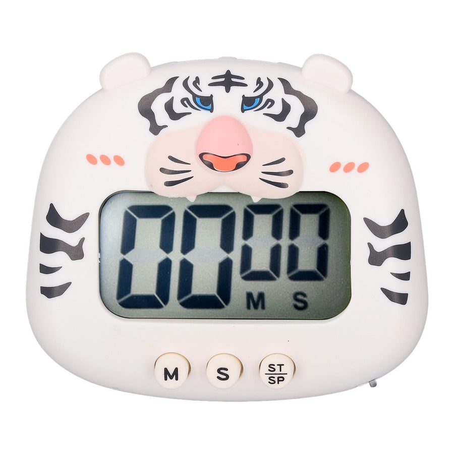 Digital Kitchen Timer Countup Countdown Cartoon Animal Sound Flash Alert Easy Operation with Stand for Cooking Teaching White Tiger