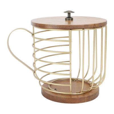 Coffee Pod Holder Iron Large Capacity Space Saving Wooden Base Coffee Pods Storage Organizer for Home Coffee Bar Gold with Lid