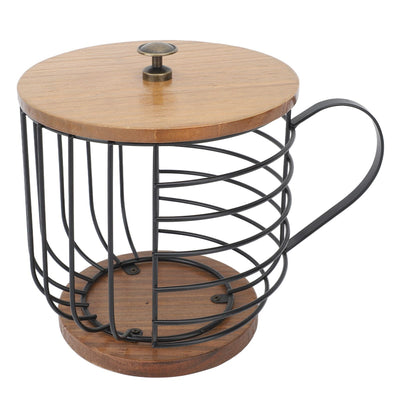 Coffee Pod Holder Iron Large Capacity Space Saving Wooden Base Coffee Pods Storage Organizer for Home Coffee Bar Black with Lid