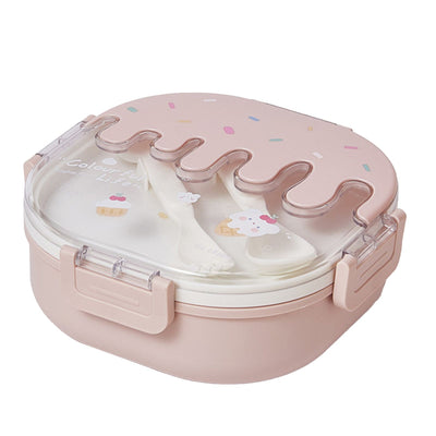 Bento Lunch Box for Kids Adults 3 Compartment Plastic Cute Ice Cream Lunch Snack Containers with Fork and Spoon for School Work Travel Pink