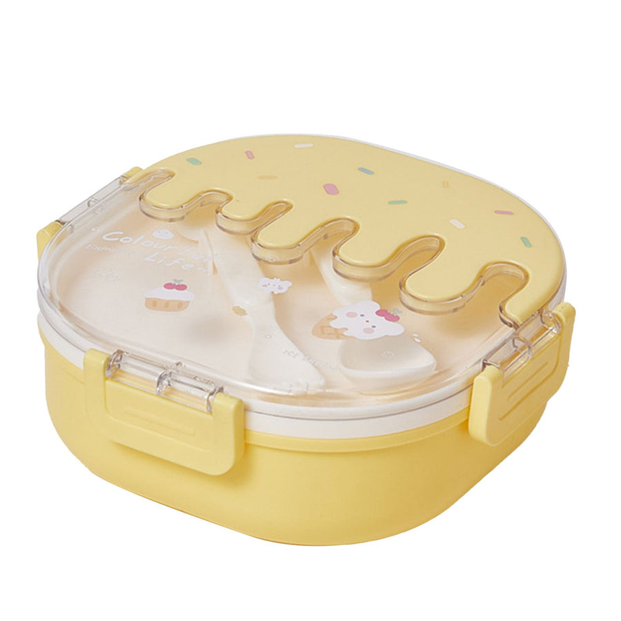 Bento Lunch Box for Kids Adults 3 Compartment Plastic Cute Ice Cream Lunch Snack Containers with Fork and Spoon for School Work Travel Yellow