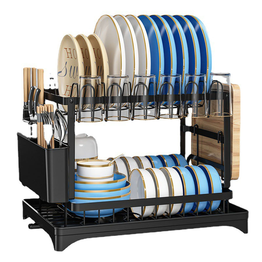 Dish Drying Rack for Countertop Aluminum 2 Tier Dish Rack with Drainboard and Utensil Holder for Kitchen Organization Black