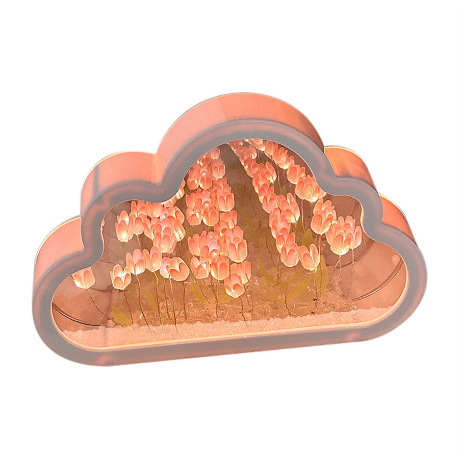Tulip Cloud Mirror Night Lights 20 Pink Flowers Plastic Built in Batteries DIY Cloud Mirror Tulip Lamp for Birthday Valentine's Day