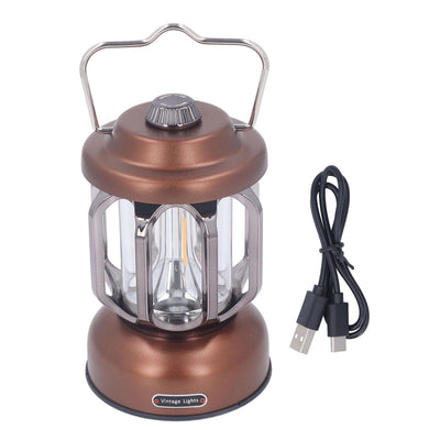 Retro Camping Lantern Vintage Camping Lamp Type C Rechargeable 3 Modes Dimmable with Hook Waterproof LED Tent Lamp for Garden Brown