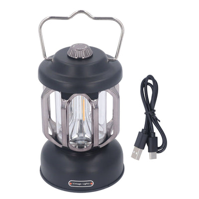Retro Camping Lantern Vintage Camping Lamp Type C Rechargeable 3 Modes Dimmable with Hook Waterproof LED Tent Lamp for Garden Black