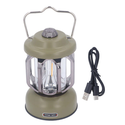 Retro Camping Lantern Vintage Camping Lamp Type C Rechargeable 3 Modes Dimmable with Hook Waterproof LED Tent Lamp for Garden Green