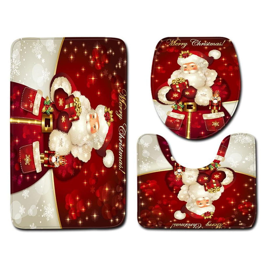 3Pcs Christmas Mat Sets Santa Claus Non Slip Mat Bathroom Doormat Toilet Seat Cover U Shaped Toilet Floor Mat