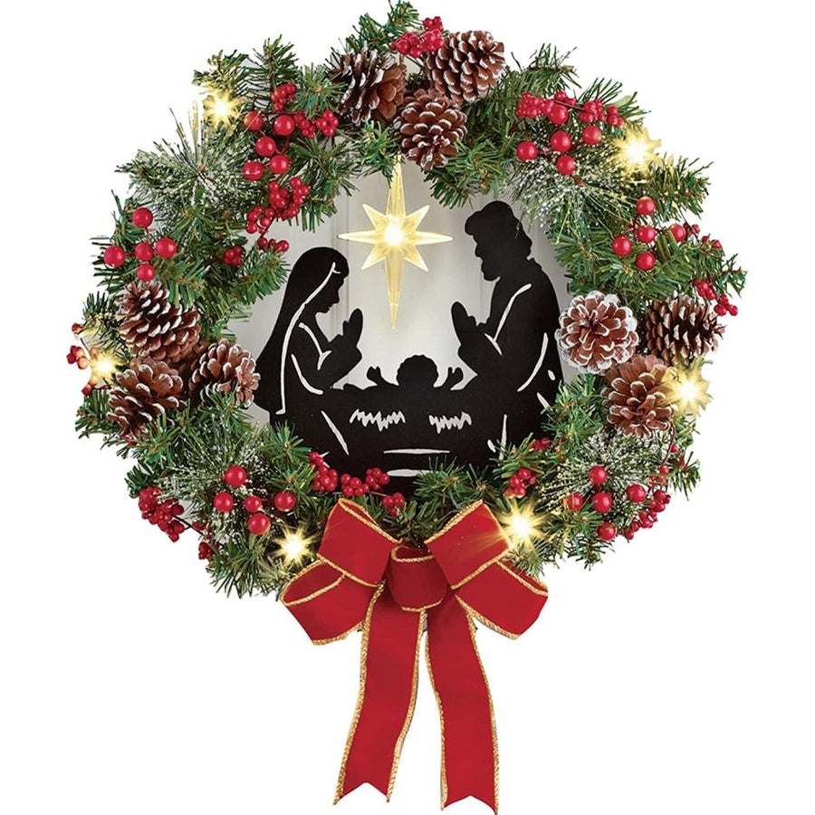 Christmas Wreath with Jesus Red Berry Pine Cone Nativity Scene LED Lights String Wreath Mixed Holiday Decorations
