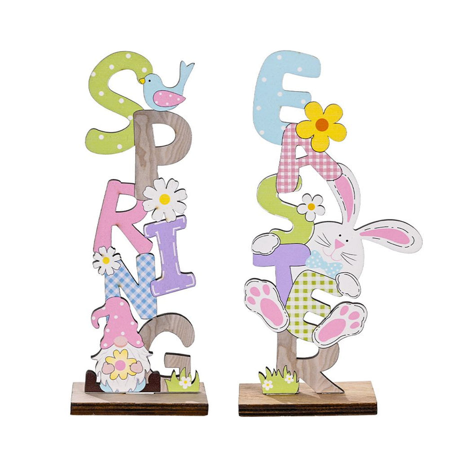 2 Pcs Easter Decorations Wooden Bunny Letter Printing Crafts Ornament Easter Decor for Home Table Party Arrangement Kids Gift