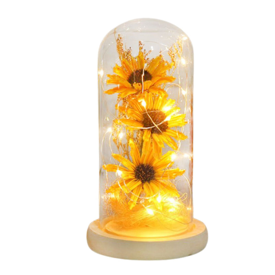 Preserved Flower Glass Dome Artificial Simulation Sunflower with LED Light for Valentine's Day Mother's Day Gift