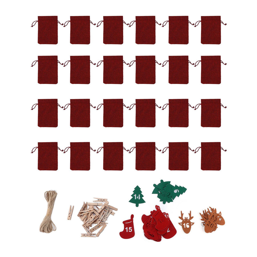 24Pcs Christmas Advent Calendar Drawstring Bags Reusable Hanging Countdown Pouch for Candy Jewelry GiftWine Red