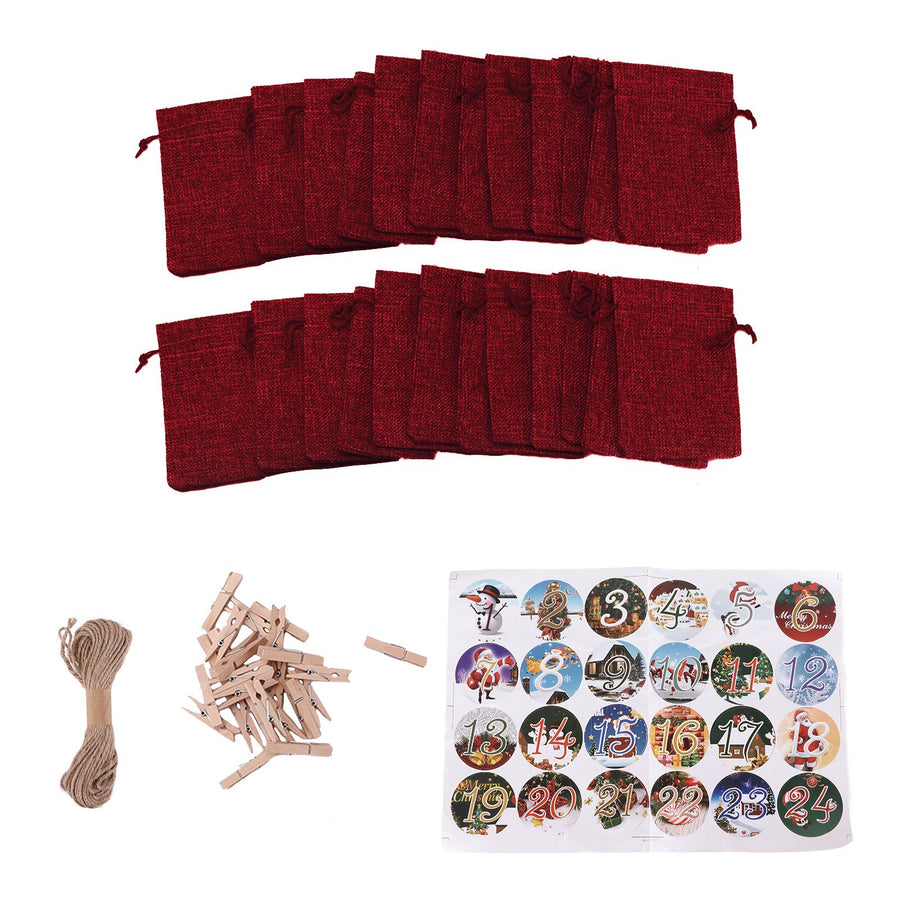 24PCS Drawstring Christmas Bag Lucky Number Gift Bag Christmas Sack Christmas Advent Calendar PouchWine Red