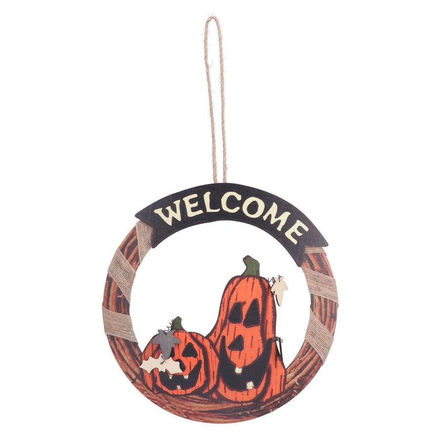 Halloween Welcome Sign Wooden Pumpkin Pattern Door Hanging Sign Decoration for Halloween Party Festival