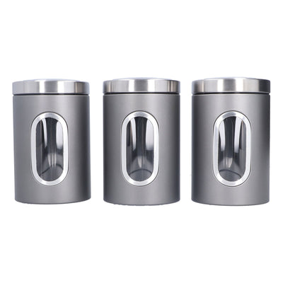 3Pcs Storage Jar Stainless Steel Food Tea Nut Container with Window Durable and Large Capacity for KitchenGrey