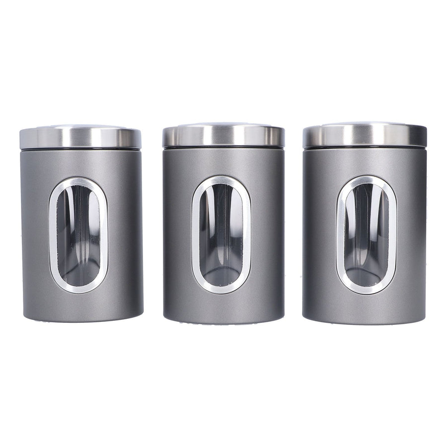 3Pcs Storage Jar Stainless Steel Food Tea Nut Container with Window Durable and Large Capacity for KitchenGrey