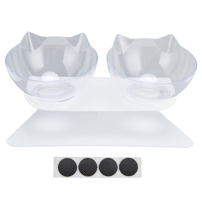 15° Inclined Cat Double Bowl Neck Guard Pet Feeding Bowl for Home Pet Shop Living Room(White Base Transparent Bowl )