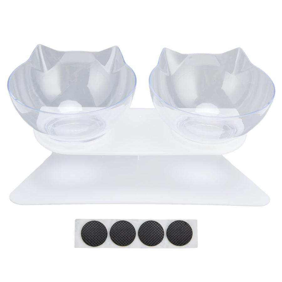 15° Inclined Cat Double Bowl Neck Guard Pet Feeding Bowl for Home Pet Shop Living Room(White Base Transparent Bowl )