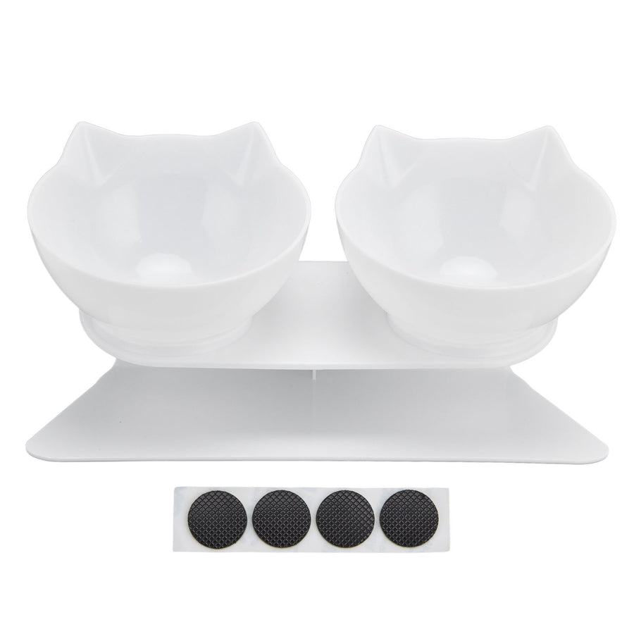15° Inclined Cat Double Bowl Neck Guard Pet Feeding Bowl for Home Pet Shop Living Room(White Base White Bowl )