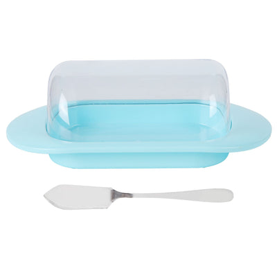 Round Edge Plastic Butter Storage Box Cheese Dessert Bread Server Keeper with Transparent Cover KnifeBlue