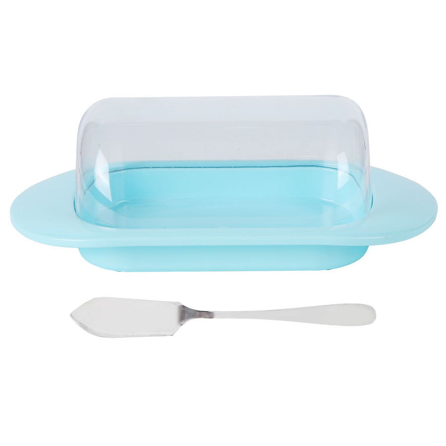 Round Edge Plastic Butter Storage Box Cheese Dessert Bread Server Keeper with Transparent Cover KnifeBlue