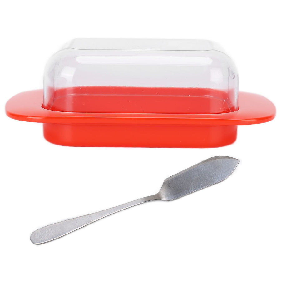Wide Rectangular Butter Container with Lid Knife Portable Small Cheese Dish Holder Tray for Home KitchenRed