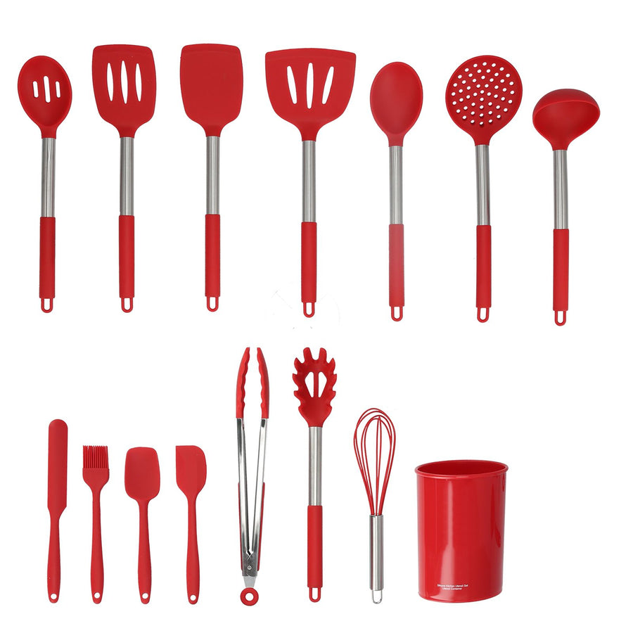 15PCS/Set Silicone Cooking Utensil Set with Stainless Steel Handle Kitchen Spatulas Spoon Cooking ToolsRed