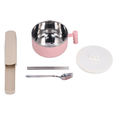 Stainless Steel Noodle Bowl Set Food Storage Container Portable Soup Snack Bowl with Lid(Pink Tableware )
