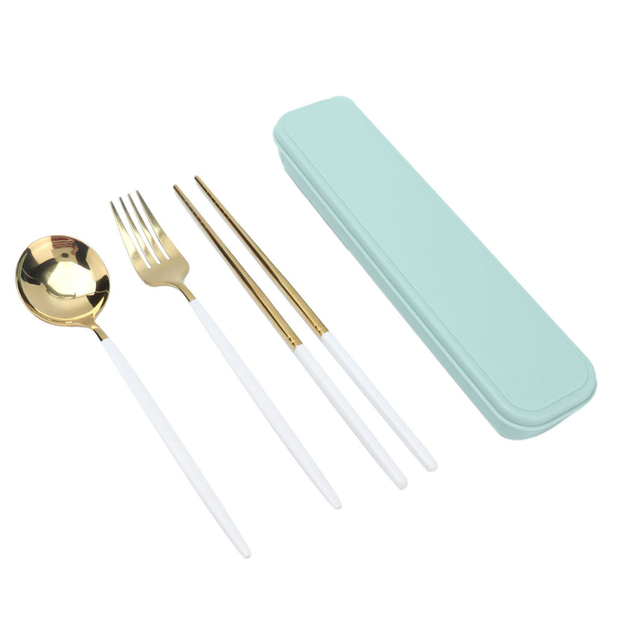 Portable Cutlery Set Stainless Steel Tableware Anti Corrosion Non Slip Anti Fading Chopsticks Spoon for Outdoor OfficeWhite Gold