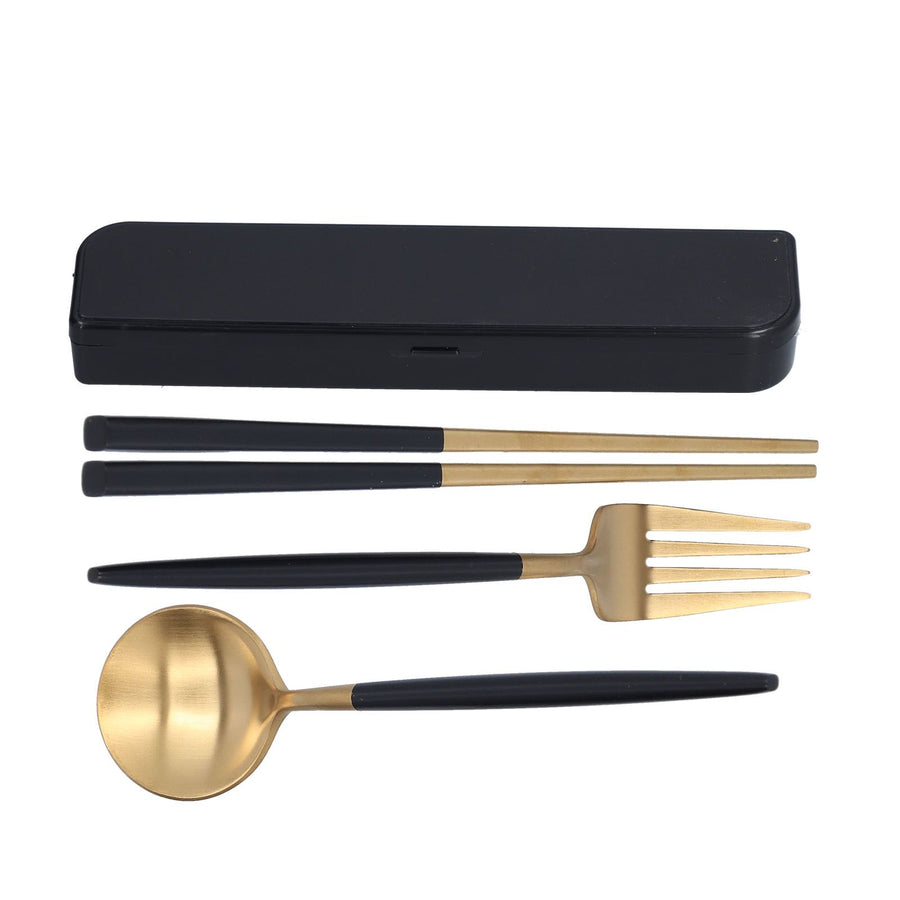 3Pcs/Set Portable Travel Utensils Stainless Steel Spoon Fork Chopsticks Set for SchoolBlack Gold (Black Storage Box)