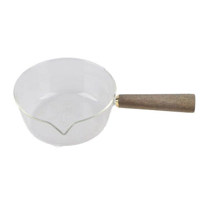 Glass Milk Pot with Wooden Handle V Shaped Spout Noodles Saucepan Home Kitchen Cookware Accessory600ml