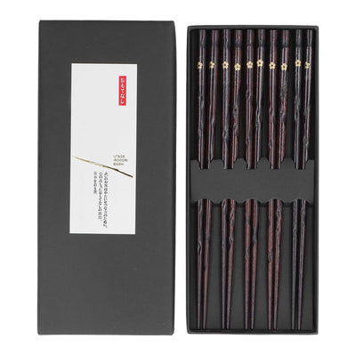 5 Pair Japanese Style Wooden Chopsticks Golden Printed Flowers Reusable Traditional Stylish Gift for Family Friends