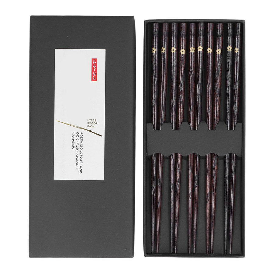 5 Pair Japanese Style Wooden Chopsticks Golden Printed Flowers Reusable Traditional Stylish Gift for Family Friends