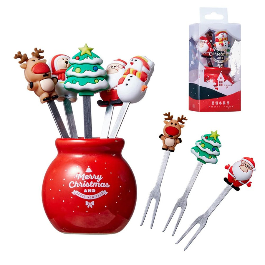 Christmas Silicone Fruit Fork Salad Fork Stainless Steel Children s Food Fork with Ceramic Cup Holder Reusable Fruit Fork Christmas Gift