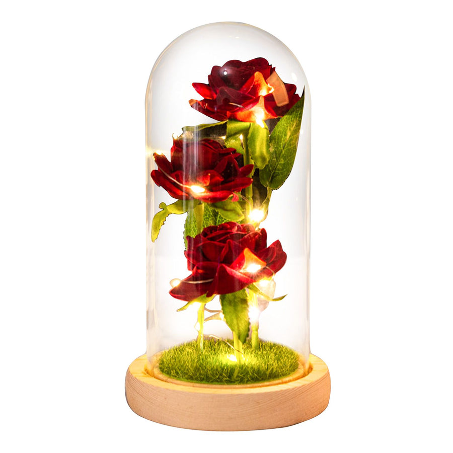 Glass Dome Rose Ornament LED Strip Light Blessing Romantic Glass Cover Artificial Flowers for Girlfriend