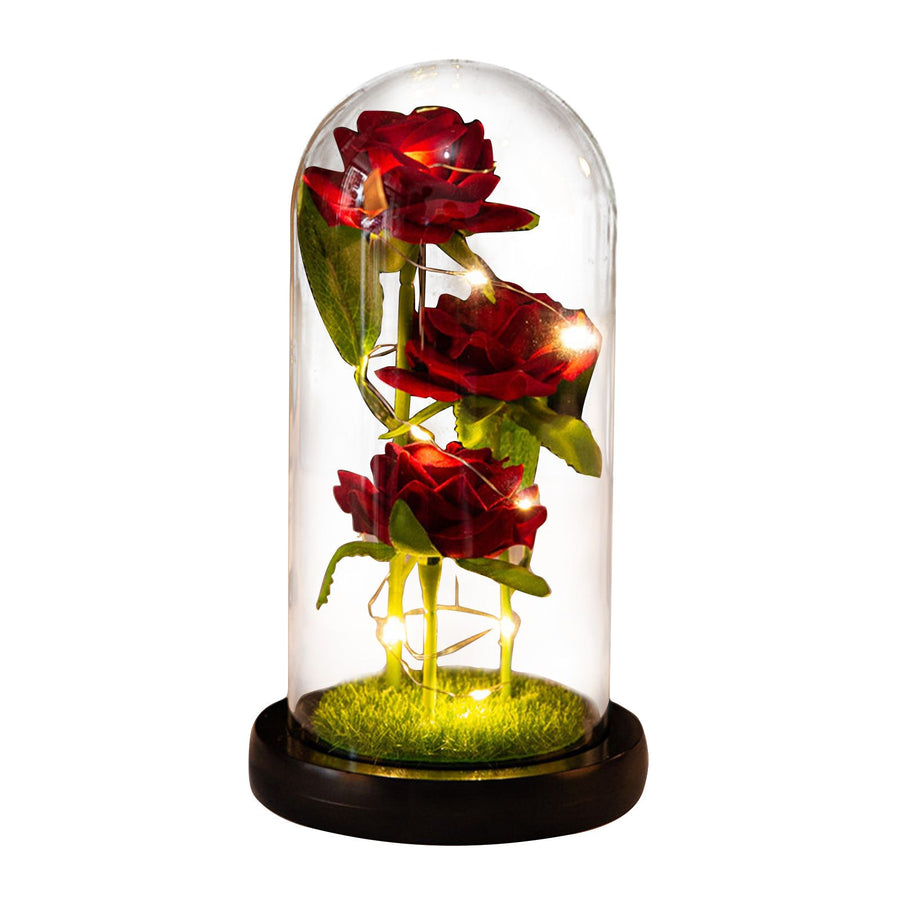 Glass Dome Rose Ornament LED Strip Light Blessing Romantic Glass Cover Artificial Flowers for Girlfriend