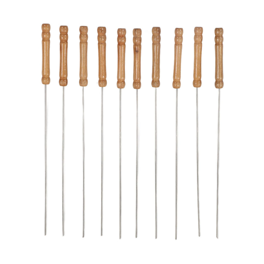 10pcs Barbecue Skewers Wooden Handle Stainless Steel BBQ Kabob Sticks for Outdoor Barbecue 11.8in