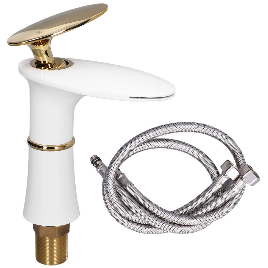 G1/2 Bathroom Faucet Washing Basin Bathroom Sink Tap Waterfall Single Hole Faucet for House Office BuildingWhite and Gold Short Style with Golden Handle
