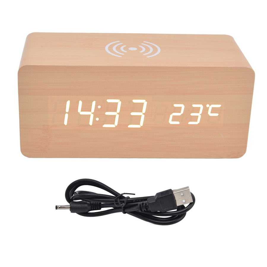 Digital Alarm Clock Wireless Charging Automatic Temperature Detection Safe Stable LED Electronic ClockWhite