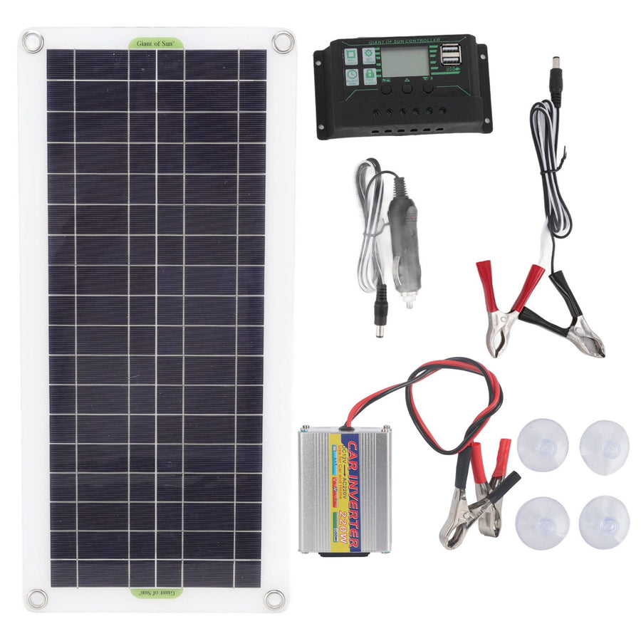 12V to 220V 30W Solar Charging Panel 220W Solar Inverter Battery Charger Kit for Camping Hiking 10A