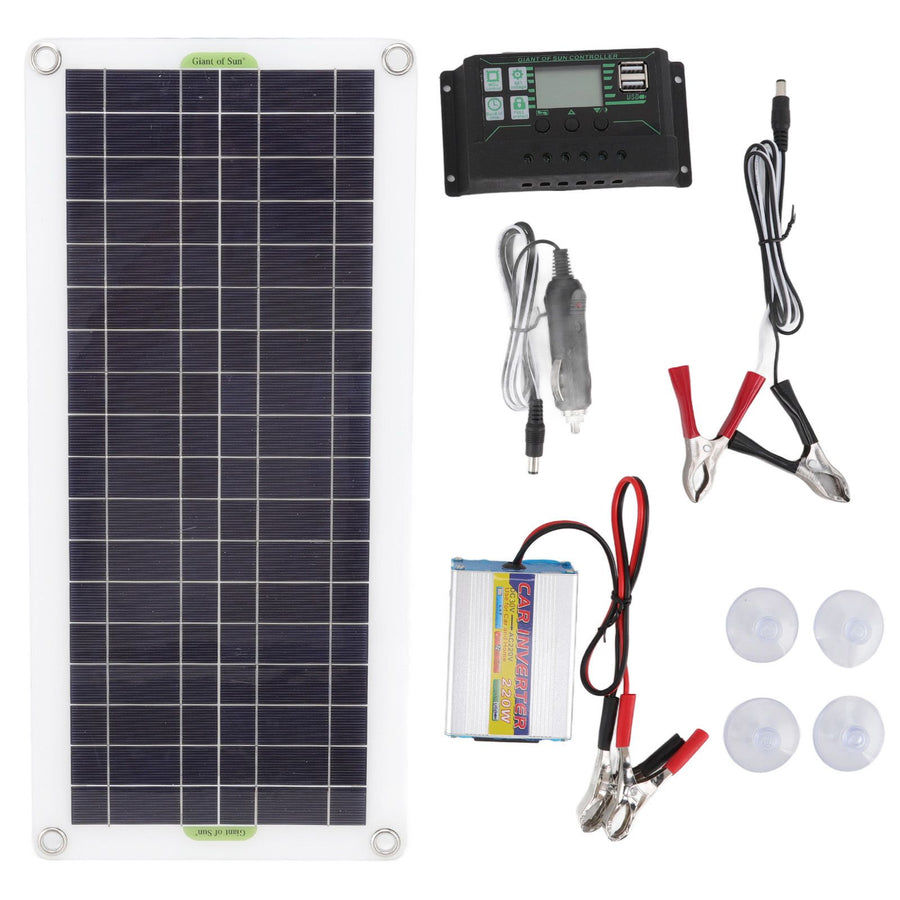 12V to 220V 30W Solar Charging Panel 220W Solar Inverter Battery Charger Kit for Camping Hiking 30A