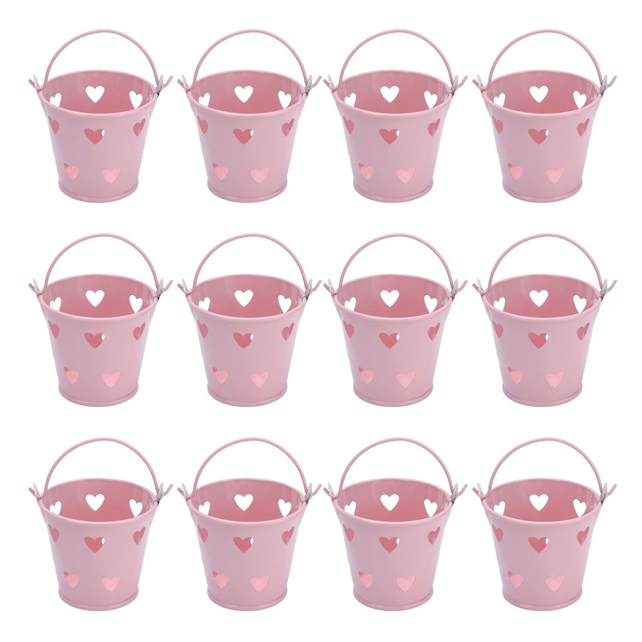 12pcs Mini Metal Bucket Hollow Heart Shaped Bucket with Handle for Candies Outdoor Flower Cosmetics