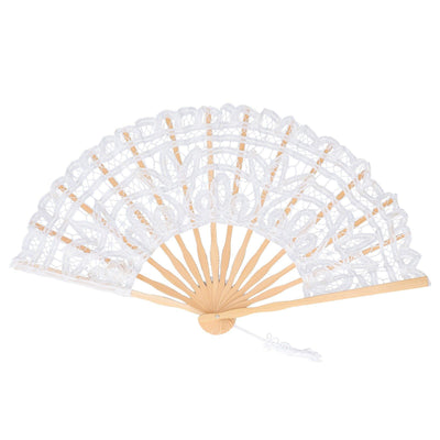 Folding Fan Hallow Lace Bamboo Bones Vintage Style Hand Fan with Tassel for Performance Clothes Decoration GiftWhite