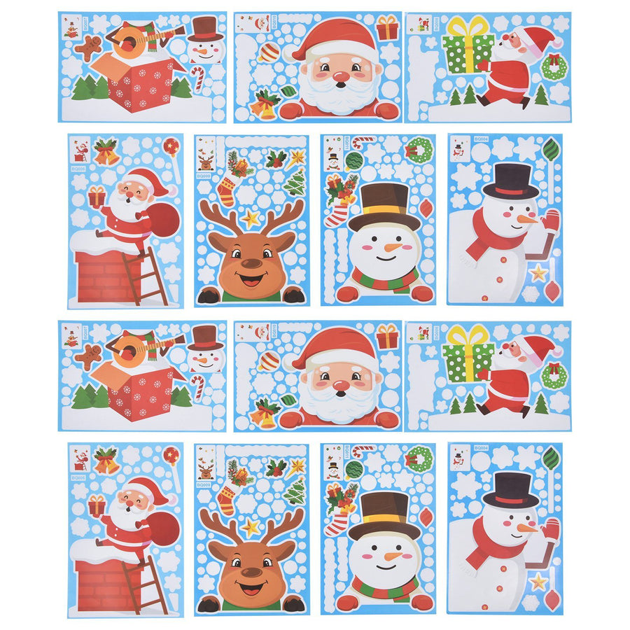 14pcs Christmas Stickers Cute Snowflake Reindeer Elf Pattern Christmas Window Clings for Window Glass Party Decorations