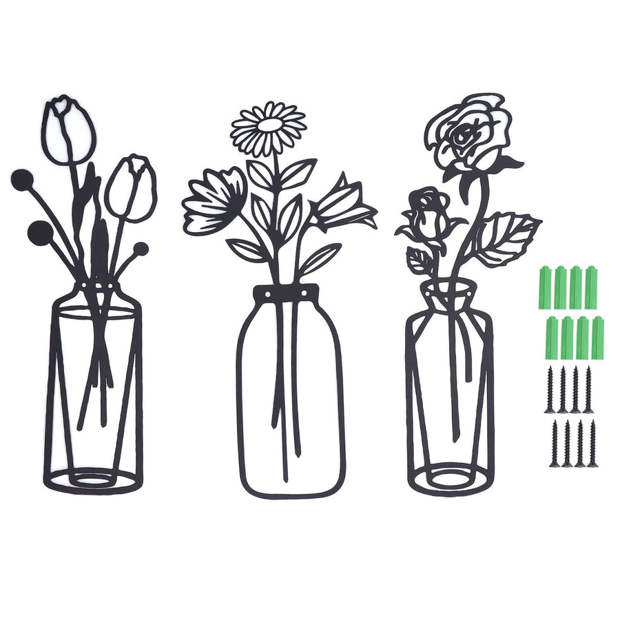 3Pcs Metal Vase Flowers Wall Art Elegant Prevent Rust Easy to Install Iron Flower Wall Art for Indoor Decoration