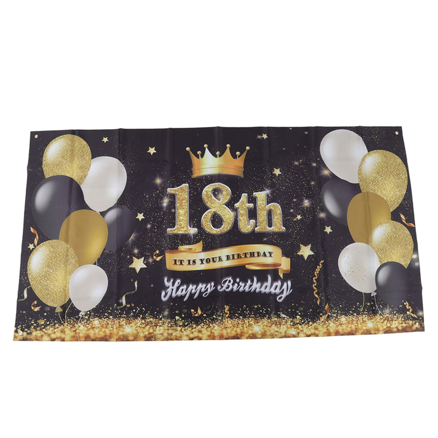 Happy 18th Birthday Backdrop Black Gold 180x99cm Reusable Happy Birthday Decorations with 4 Grommets