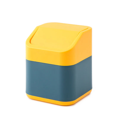 Desktop Trash Can Cute Drop Resistant Portable Tiny Desktop Garbage Bin with Detachable Lid for Car and Home Flip [Yellow Navy]