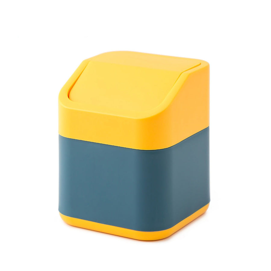 Desktop Trash Can Cute Drop Resistant Portable Tiny Desktop Garbage Bin with Detachable Lid for Car and Home Flip [Yellow Navy]