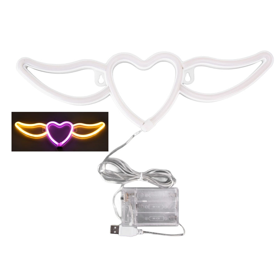 Heart Shaped Neon Light Safe Energy Saving Dual Power Heart Shaped Wings Neon Sign for Valentine's Day Wedding(Warm White Light Pink Light )