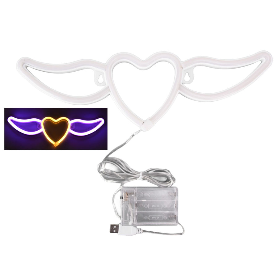 Heart Shaped Neon Light Safe Energy Saving Dual Power Heart Shaped Wings Neon Sign for Valentine's Day Wedding(Purple Light Warm White Light )