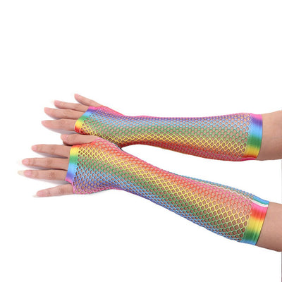 1 Pair Womens Shiny Rainbow Printed Net Gloves Hollow Out Bridal Fingerless Gloves for Wedding Party Dance Costume